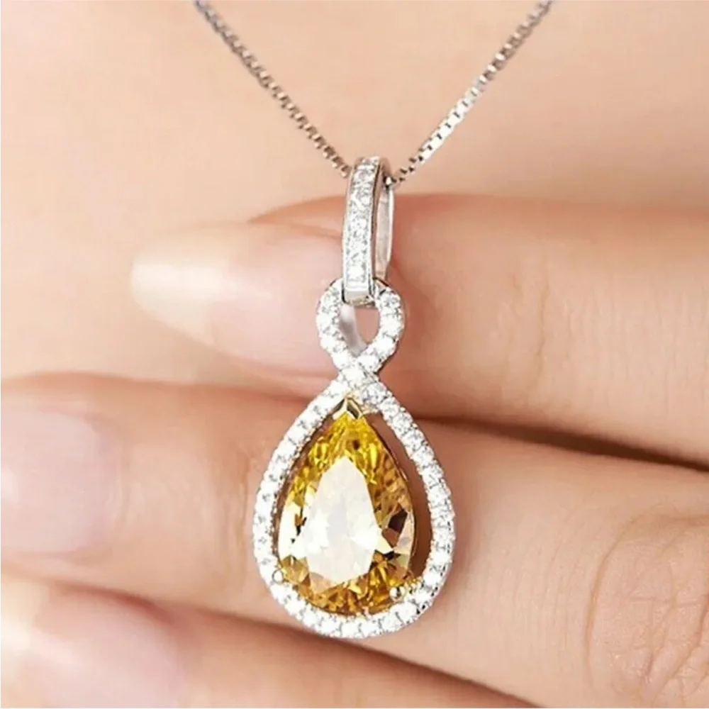Stunning Citrine Yellow Diamond Silver Pendant Necklace